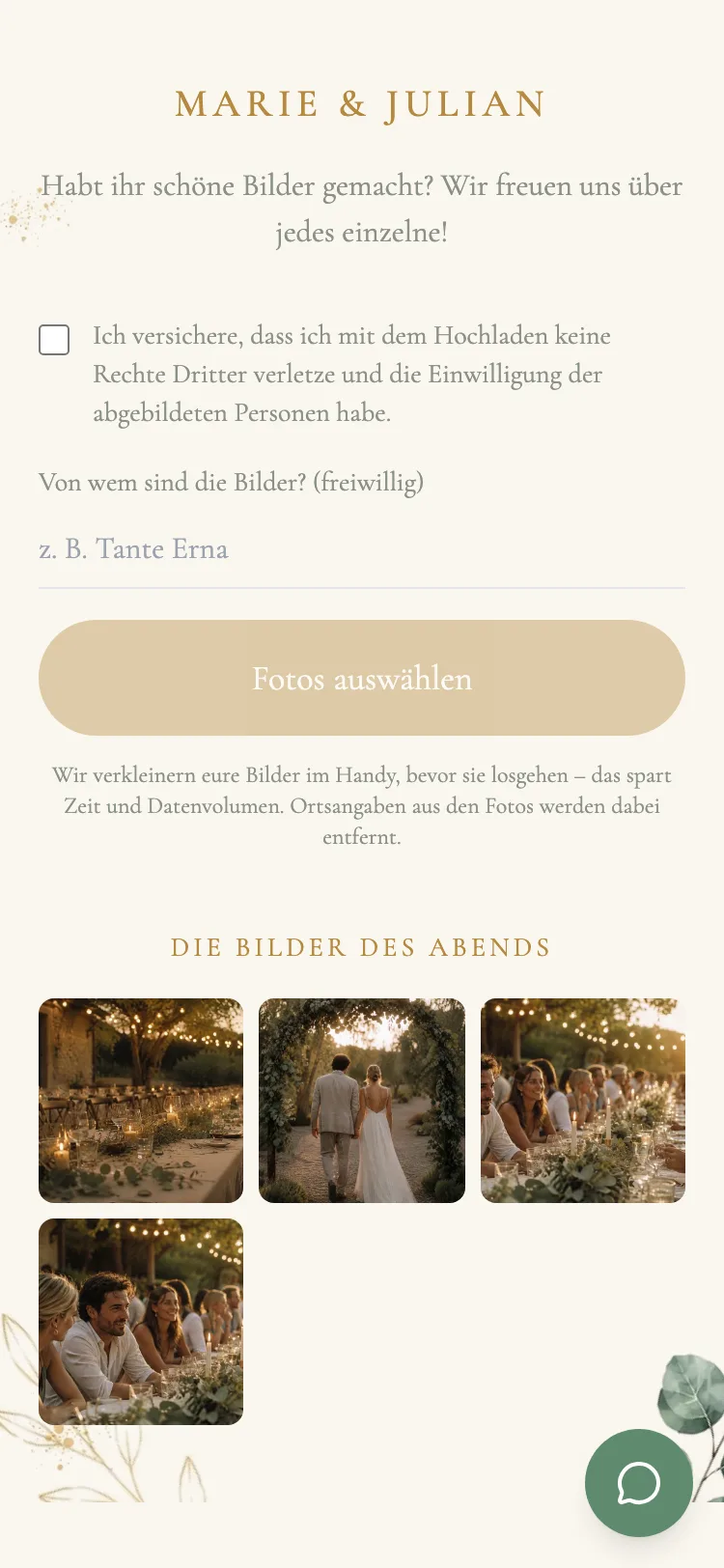Die Seite, auf der ein Gast nach dem Scannen des QR-Codes landet: Zusicherung, Knopf zum Auswählen der Fotos und darunter die Bilder des Abends