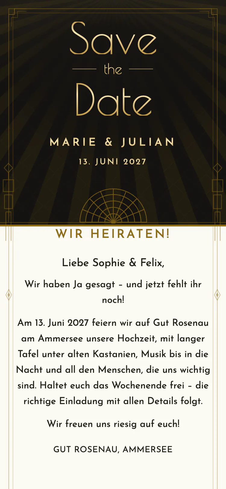 Gästekarte in der Vorlage „Art déco“ – Kartenkopf mit den Namen des Brautpaars, Datum und Ort