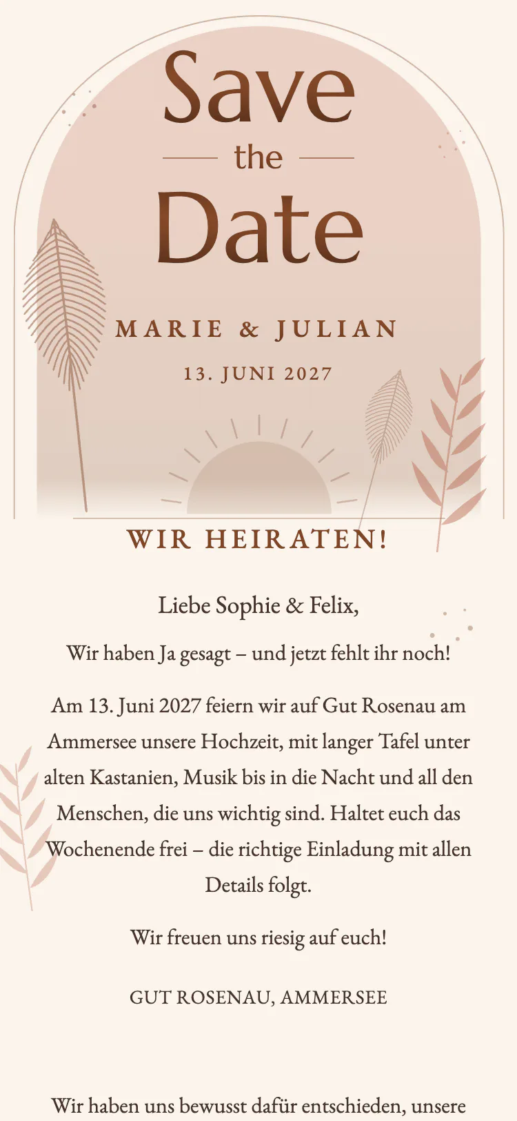 Gästekarte in der Vorlage „Bogen & Terracotta“ – Kartenkopf mit den Namen des Brautpaars, Datum und Ort